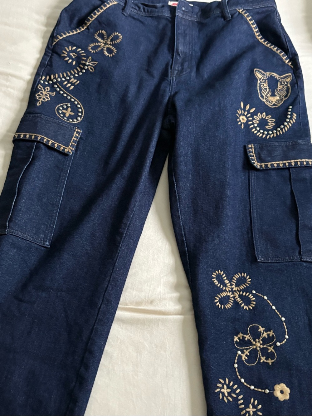 Jonny Was Alex Catgo embroidered jeans dark wash indigo size 14/32” waist boho